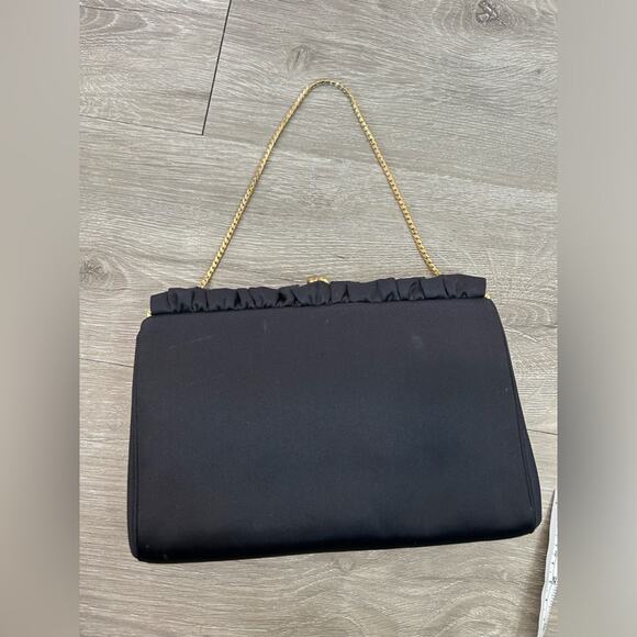 MM Satin- purse mirror coin purse- dark purple black- gold chain- ruffle-vintage - Picture 5 of 12